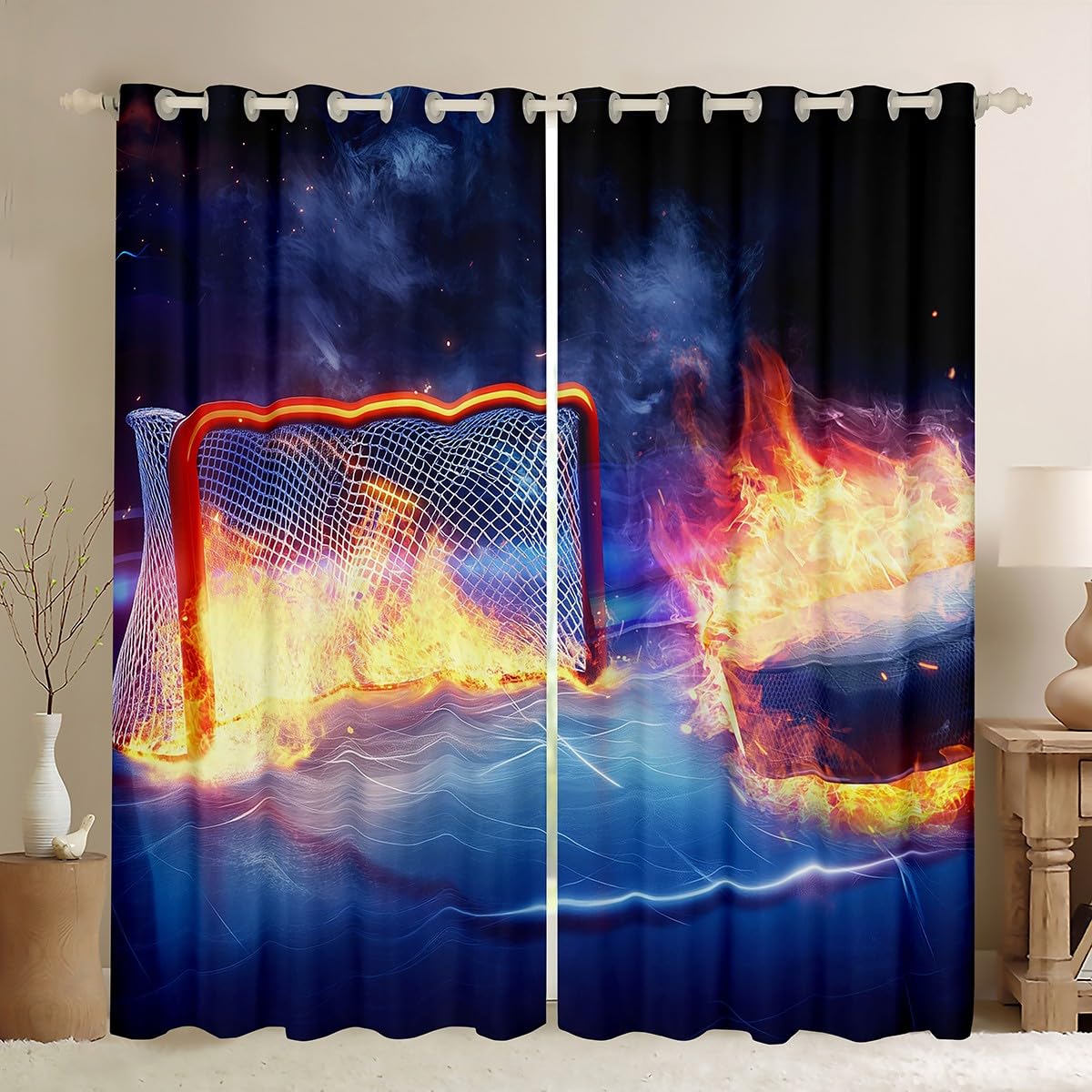 Feelyou Ice Hockey Curtains for Bedroom Living Room Hockey Player Kids Blackout Curtains Puck Hockey Darkening Dreapes Winter Sports Window Treatments 2 Panels, 52 x 84 Inch