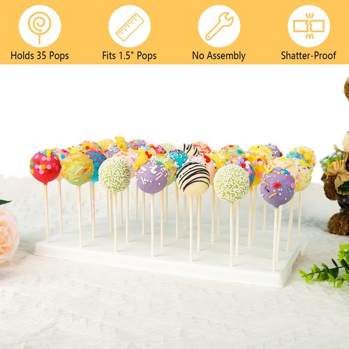 Cake Pop Display Stand Holder - 35 Holes Large Capacity White Lollipop Holder with 100 Pcs Sticks, Treat Bags & Gold Ties - Complete Cakepop Kit for Dessert Table, Wedding, Birthday Party