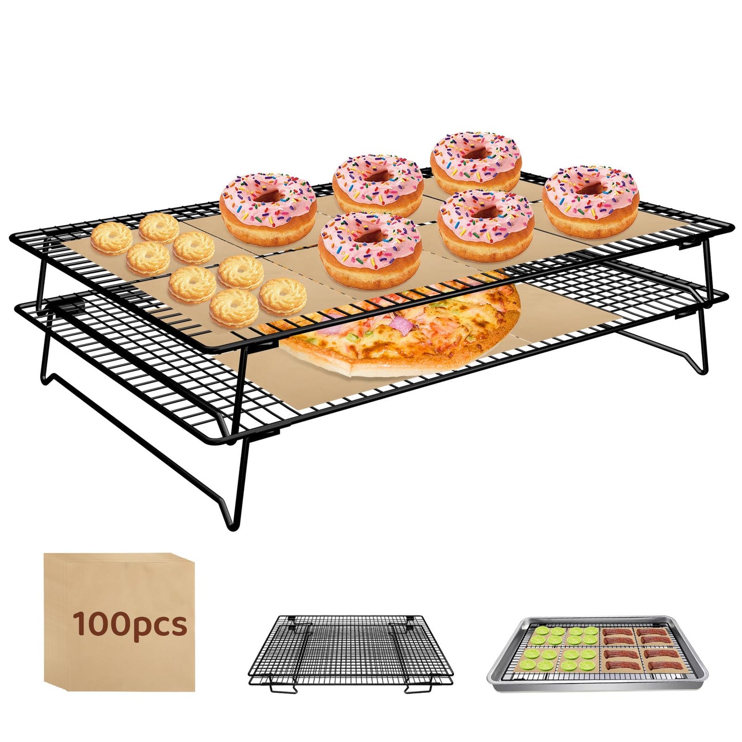 Vehookin 2 Tier Stackable Cooling Rack for Cooking and Baking, Wire Rack for Baking Sheet w/100 Parchment Papers, 16.7" x 11" Cookie Cooling Rack for Pizza, Bread,Cake,Veggie,Jerky, Drying Baking Rack