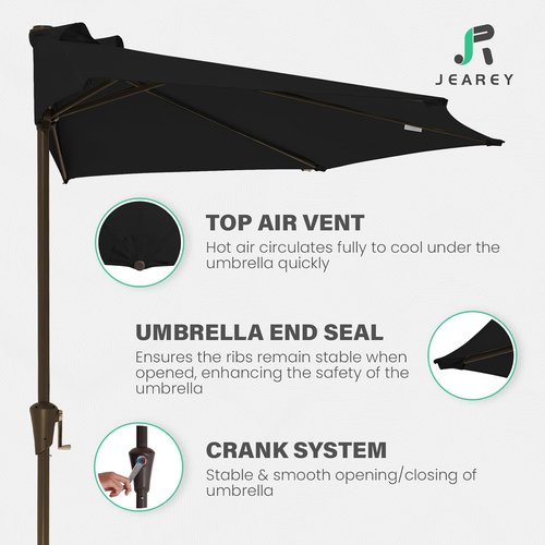 JEAREY 9ft Half Patio Umbrella - Crank-Operated, UV Protection, 1/2 Round Design for Pool & Garden - Black