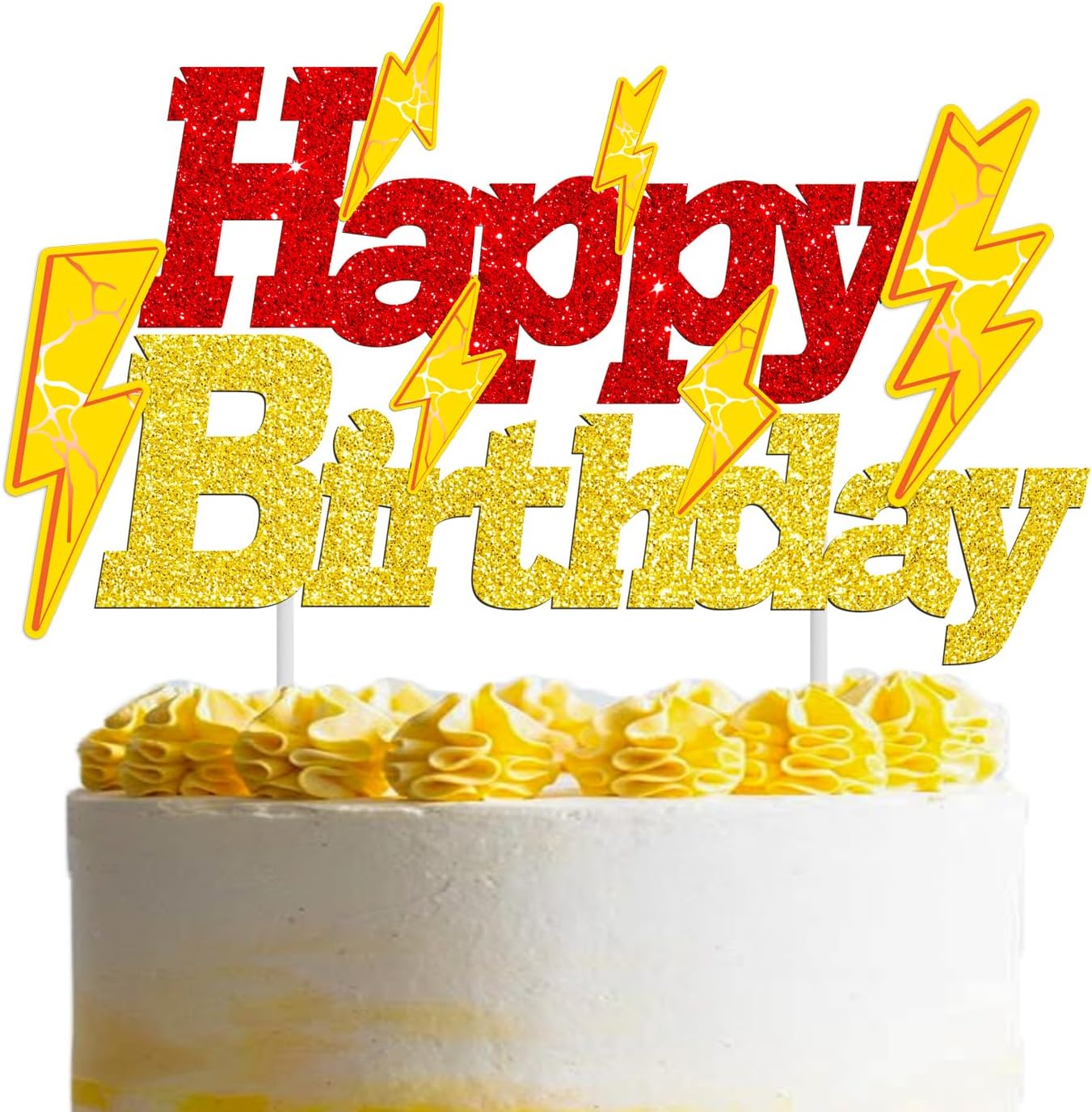 Lightning Bolt Birthday Cake Topper - Glitter Gold & Red Lightning Design | Perfect for Parties & Baby Showers