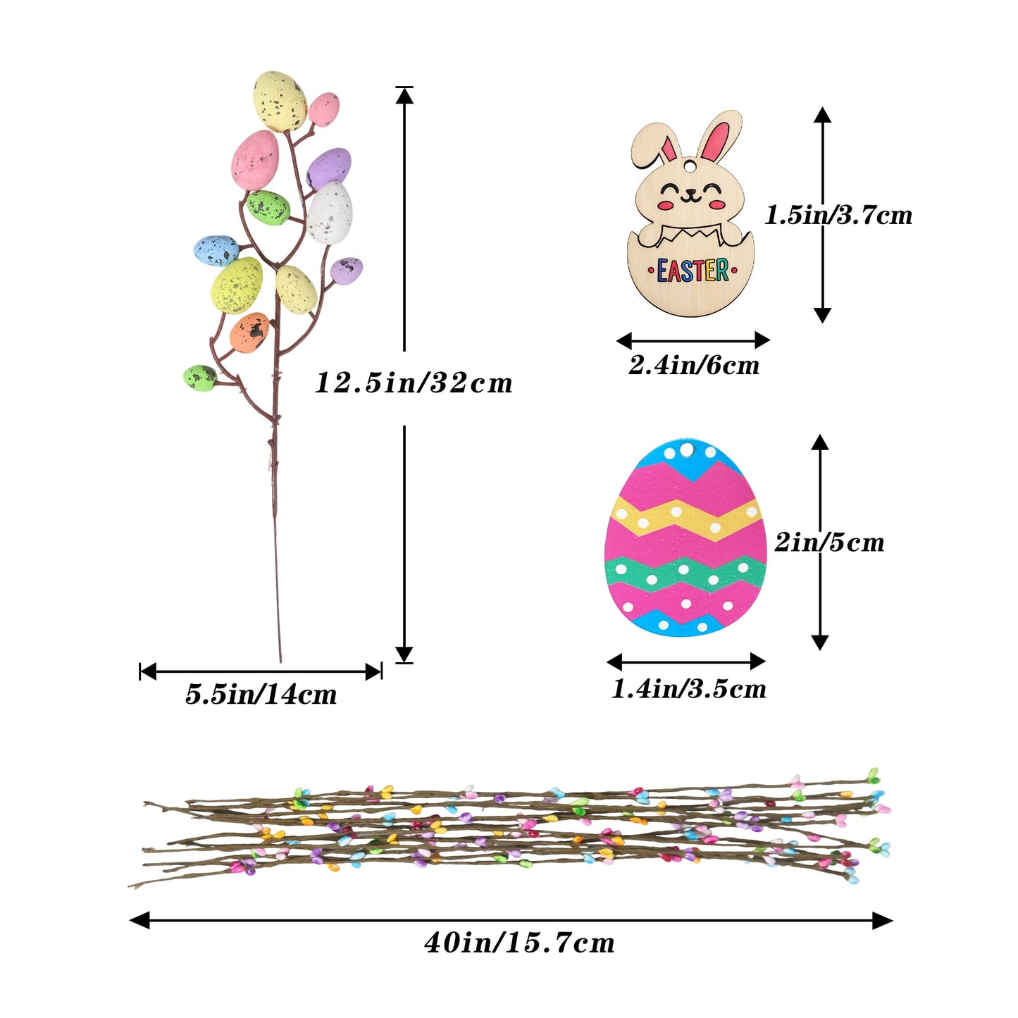 KENJOVIVO Artificial Easter Spray Vine with Pastel Easter Eggs and Berries, Wooden Eggs, Wood Rabbit & Happy Easter Ribbon, Easter Egg Twig Branches for Spring Floral Stems Home Decoration