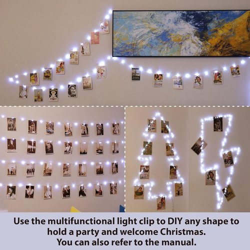 HXWEIYE 120LED White Photo Clips String Light - 40Ft Fairy Light with 52 Clips & 12 Hooks | USB Powered, Timer & 8 Modes for Bedroom & Wedding Decor