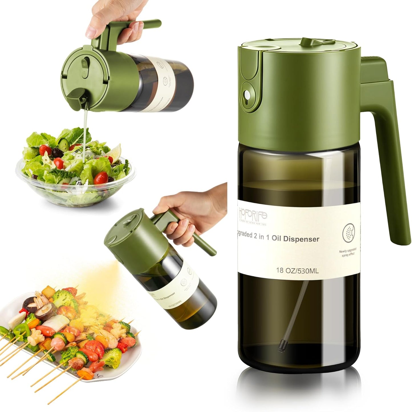 Skiennix Olive Oil Dispenser Bottle - 2 In 1 Sprayer for Cooking | 17oz/500ml, Light Blockage, Green
