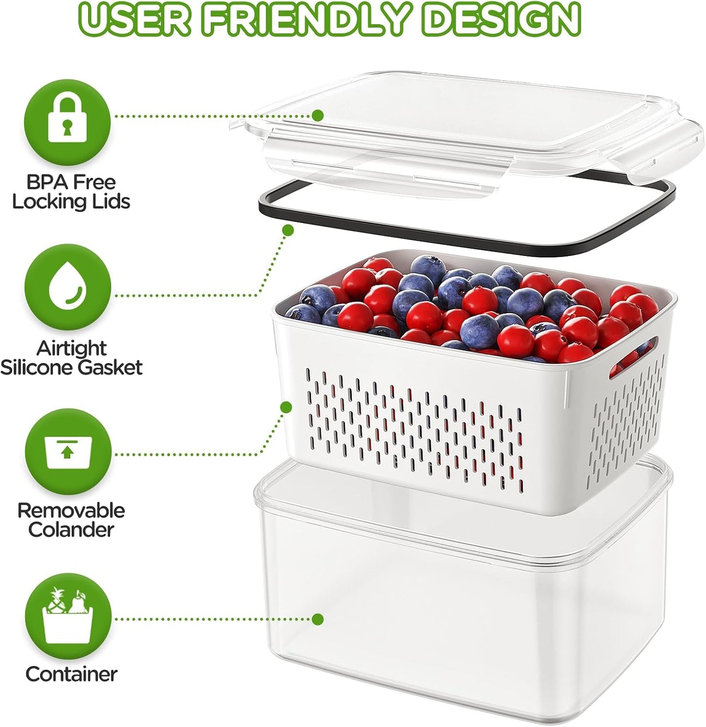 Skiennix 4 PCS Fruit Storage Containers - All-In-One Produce Wash Bowl with Strainer | Microwave & Dishwasher Safe