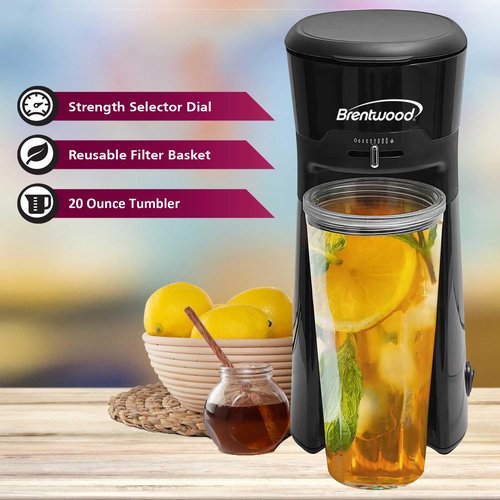 Brentwood KT-2121 Single-Serve Iced Coffee and Tea Maker with 20oz Tumbler and Reusable Filter, Black