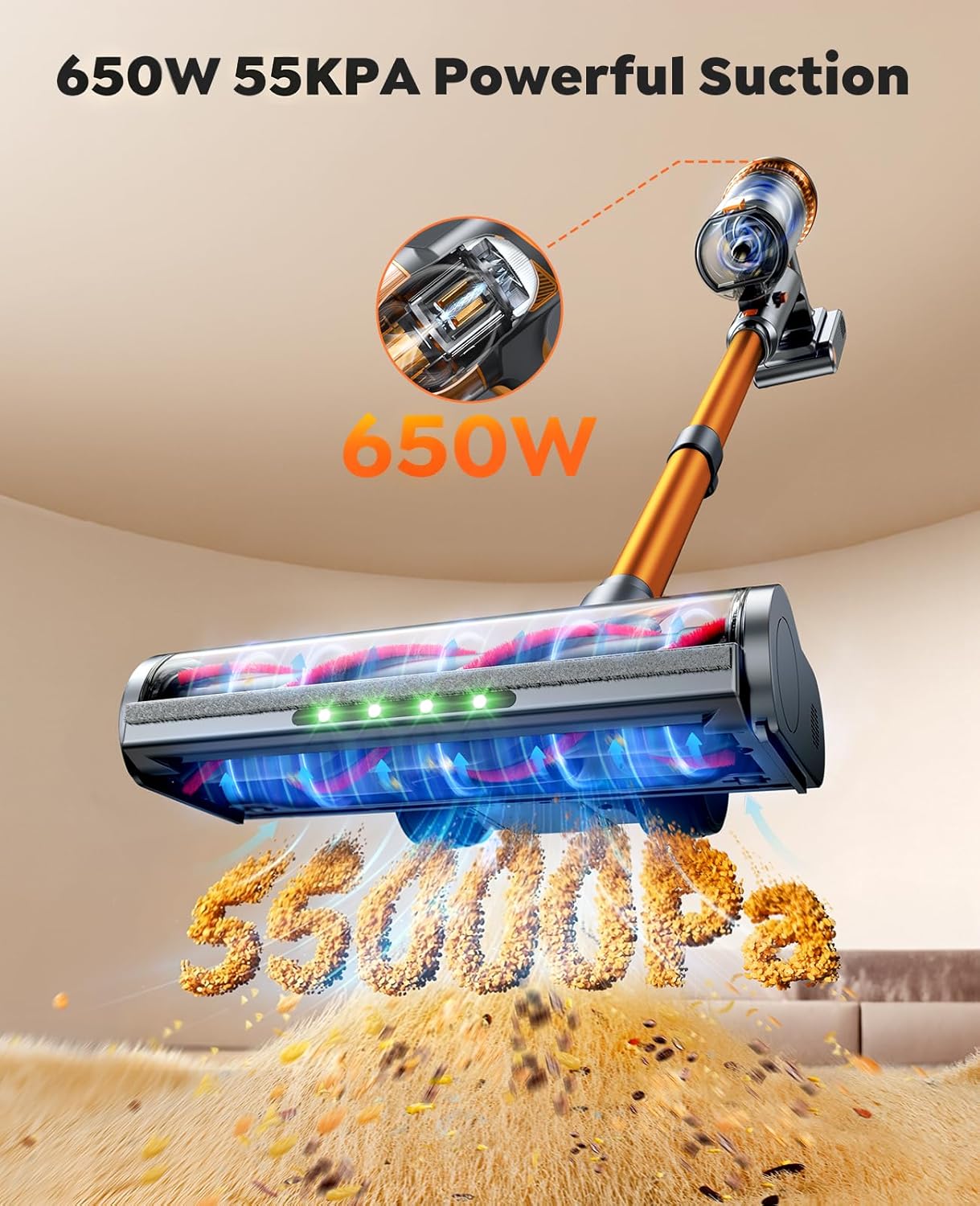 Skiennix Cordless Vacuum Cleaner - 55KPa Powerful Suction | 70 Minutes Runtime, LED Touch Screen, Self-Standing Design