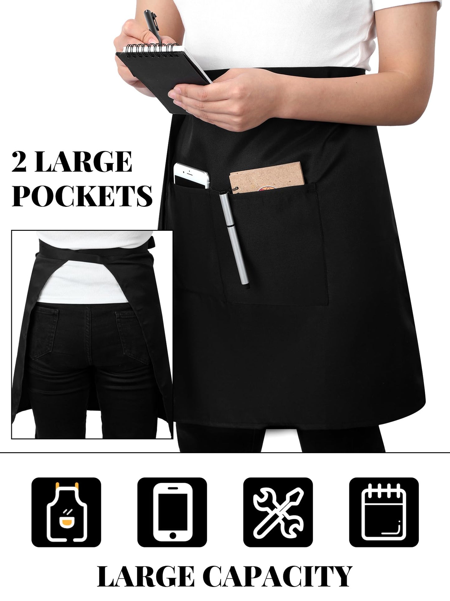 Twistover 5 Pack Half Bistro Aprons with 2 Pockets Unisex Black Server Apron with Extra Long Front Waist Ties for Men Women