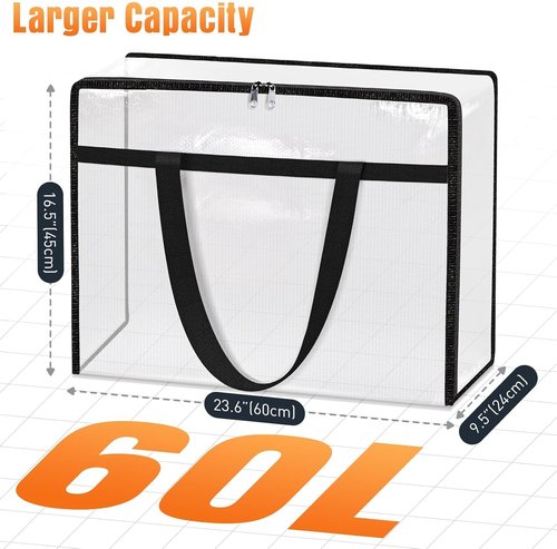 Clear Under Bed Storage Containers - 4 Pack Large Capacity Clothing Organizer Totes with Lid & Handles | Foldable Bags (60L)