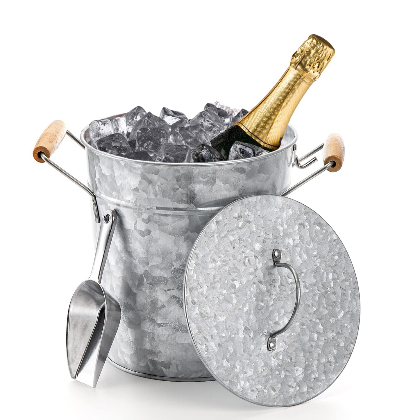 Frcctre Farmhouse 4 Liter Ice Bucket with Lid, Galvanized Metal Beverage Tub with Scoop and Handles, Drink and Wine Chiller for Bar, Party, BBQ, Great for Indoor and Outdoor Use