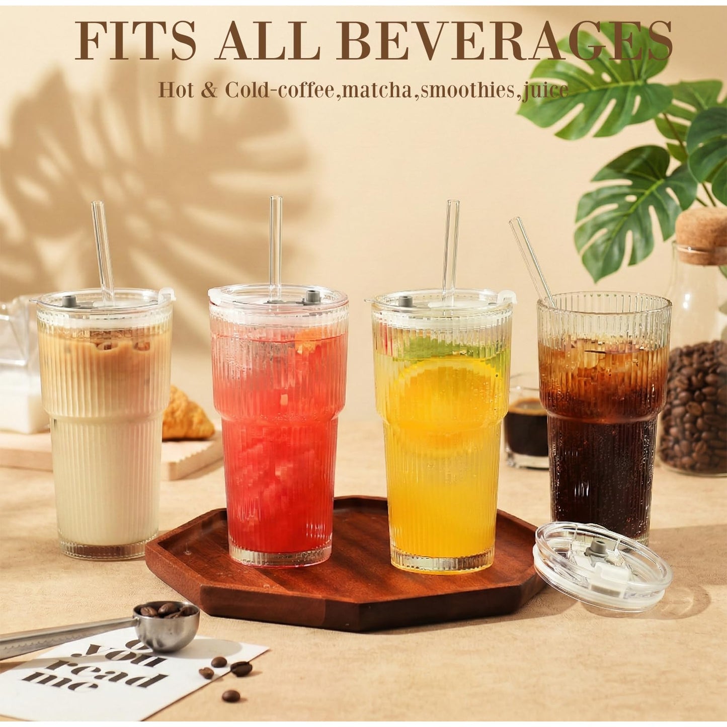 Haundry 20oz Ribbed Glass Cups with Lids and Straws, 4 Pack Iced Coffee Cups with Lids, Leak-Resistant Glass Tumblers, Reusable Coffee Cups for Coffee Bar, Matcha, Smoothies, Juice