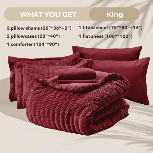 HYMOKEGE King Size Comforter Set - Luxury Burgundy Seersucker 7-Piece Bedding Set | All-Season Comfort