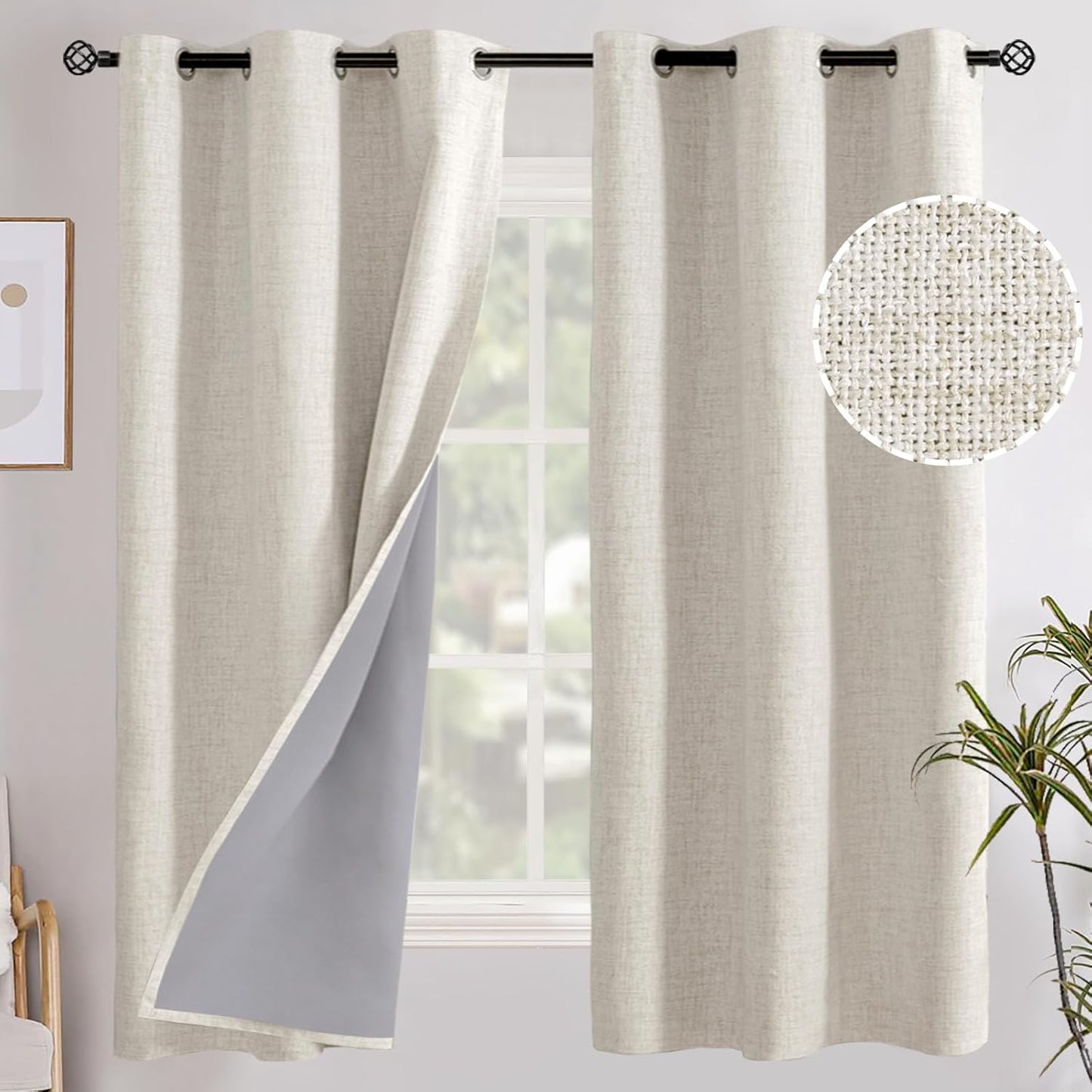 YoungsTex Linen Blackout Curtains - 63 Inch Thermal Insulated Drapes | Energy Saving Rustic Design, 2 Panels