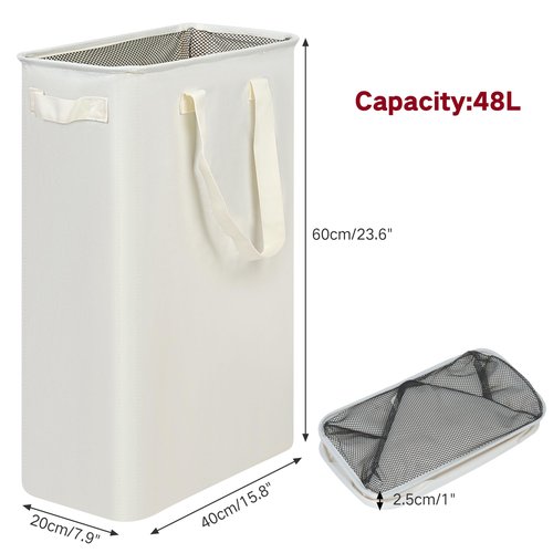 efluky Slim Laundry Basket, Narrow Laundry Hamper with Handles, Collapsible Dirty Clothes Hamper, Tall Laundry Bin for Laundry Room, Dorm and Bedroom, 12.7 Gallons(48L) Beige