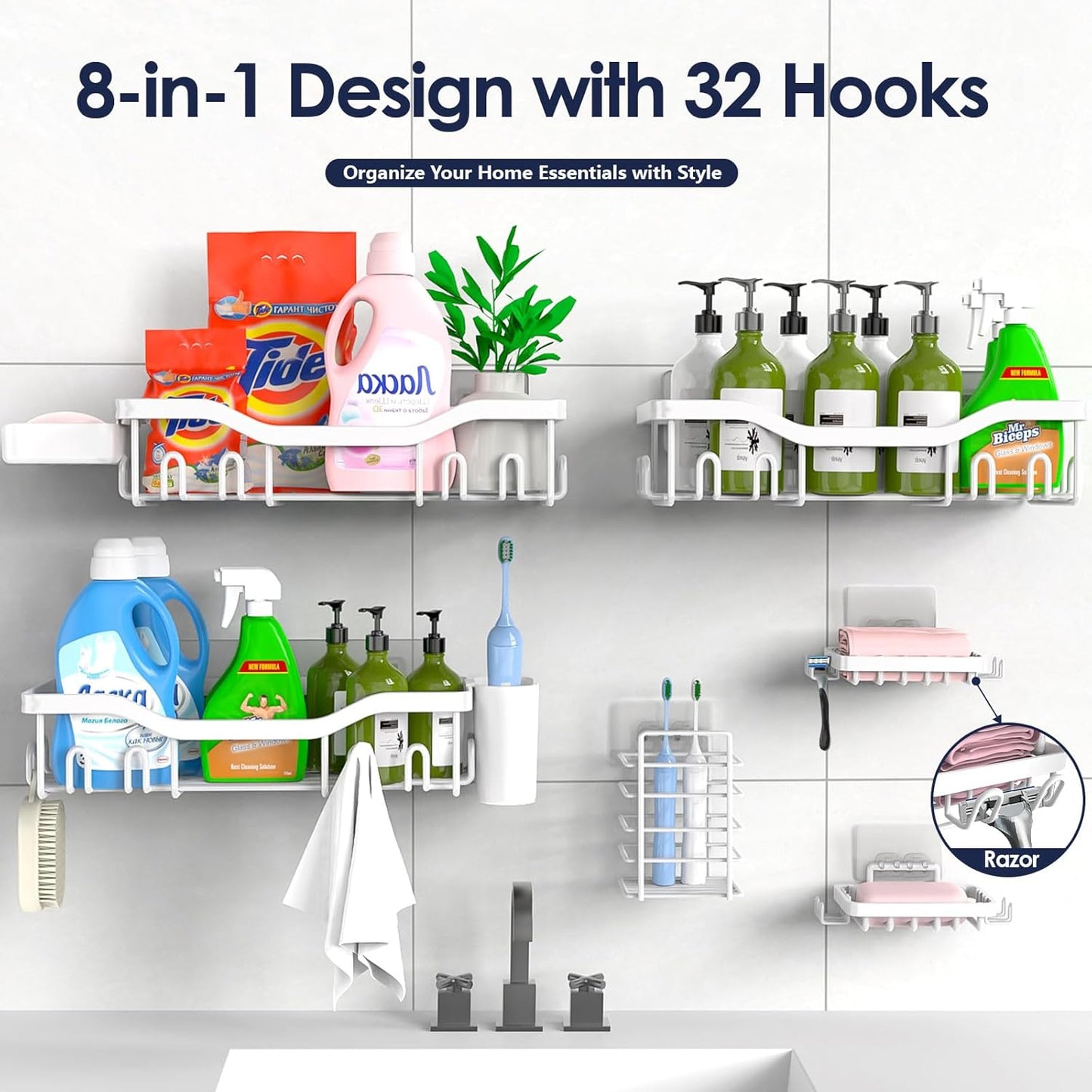 NESOMI Shower Caddy - Rustproof Stainless Steel Organizer with Large Capacity | 8-Pack No-Drill Rack