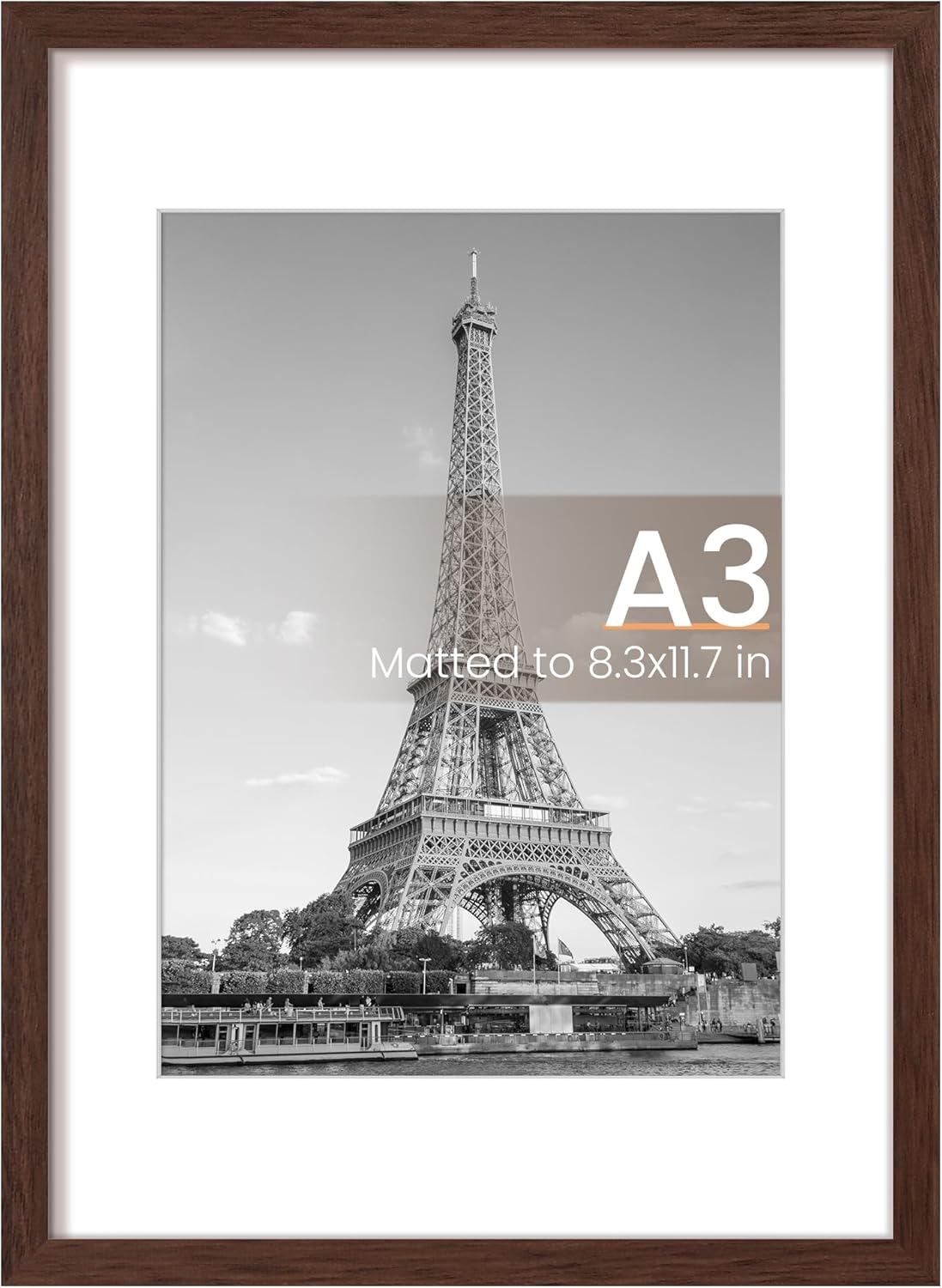 Upsimples A3 Picture Frame - Display 8.3x11.7" Photos with Mat or 11.7x16.5" Without - Brown, 1 Pack