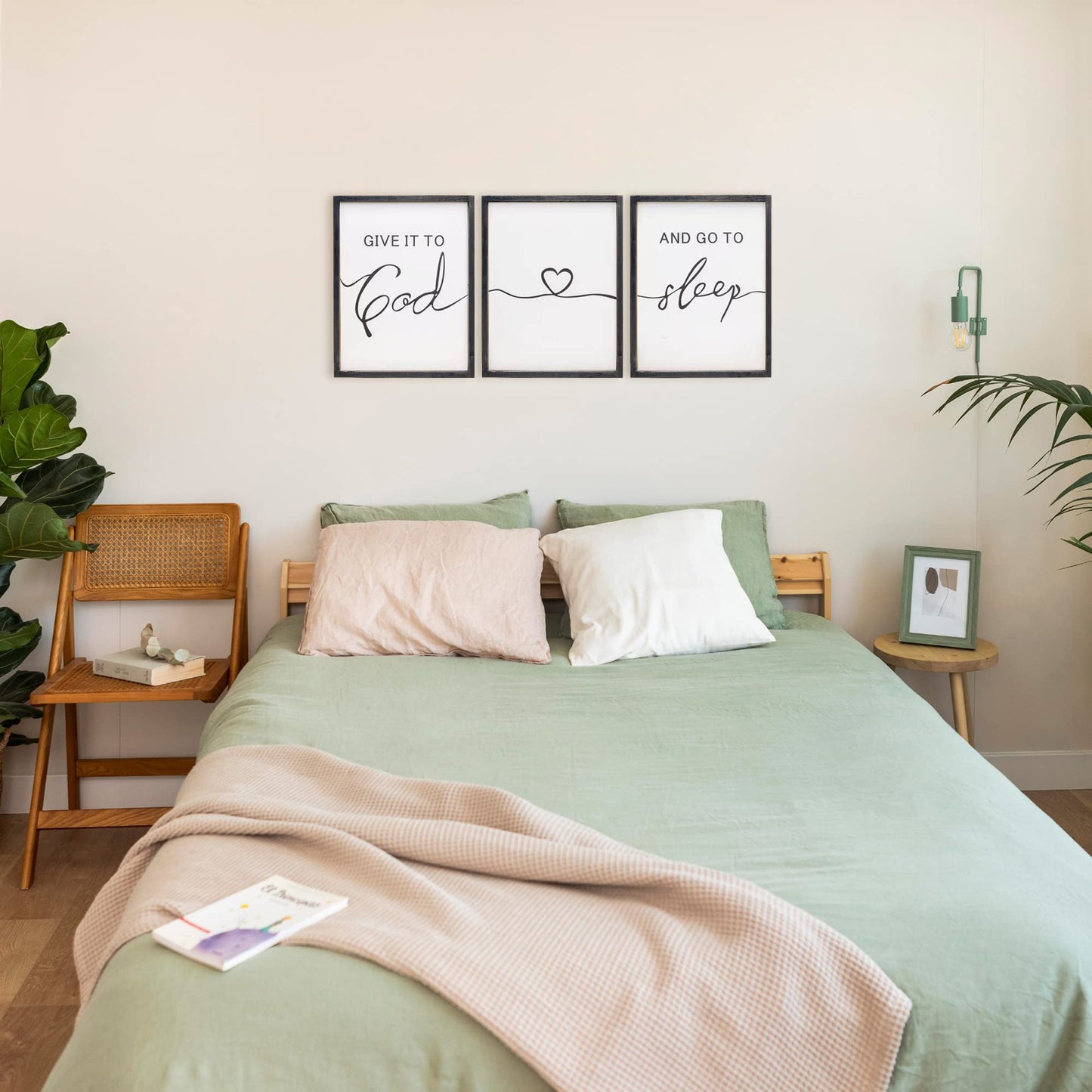 Set of 3 Framed Farmhouse Give it to God and Go to Sleep Signs Above Bed Wall Decors for Bedroom Wood Signs (Black, 16x24 inches)