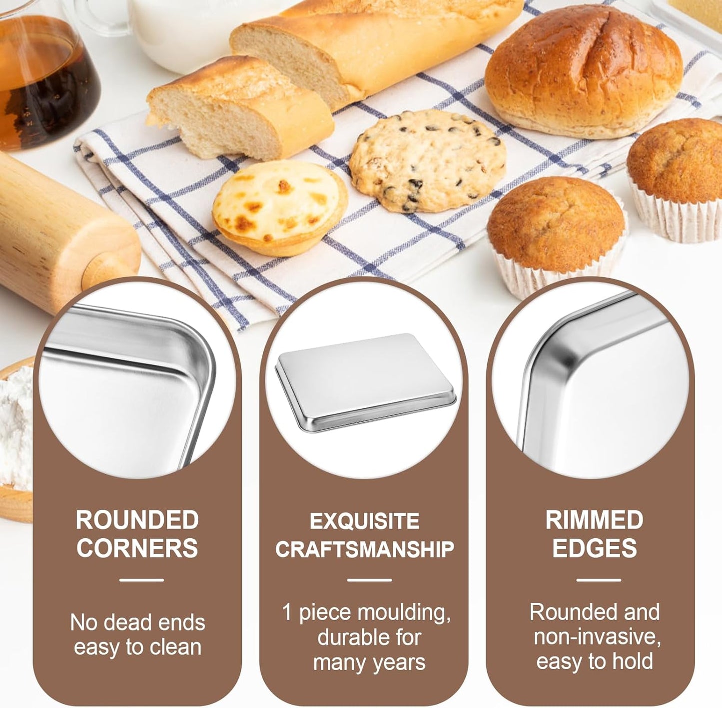 Skiennix Stainless Steel Cookie Sheets - Set of 2 Baking Pans, 10/12 Inch, Dishwasher Safe & Rust Resistant