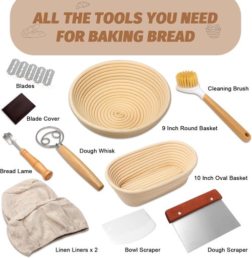 **Sourdough Proofing Basket Set - 9" Round & 10" Oval Banneton with Bread Lame, Danish Whisk & Scrapers**