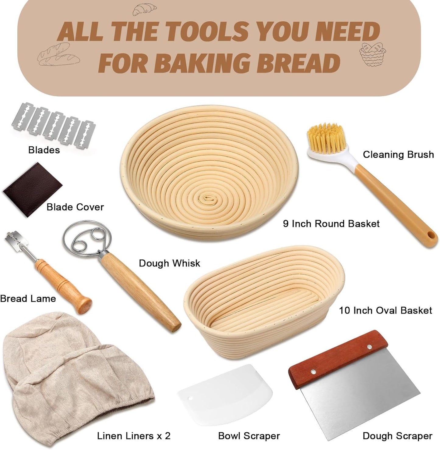 Proofing Basket Gift Set by Sourdough | 9" Round & 10" Oval Bannetons with Essential Baking Tools