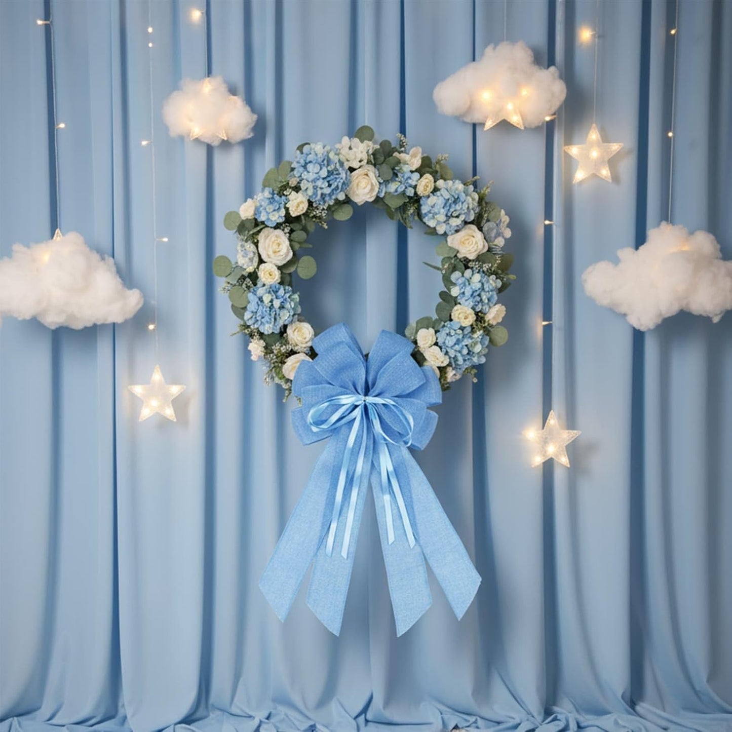 YKW Large Baby Blue Burlap Bow - 20x11 Inch Farmhouse Wreath Decor & Tree Topper for Holidays