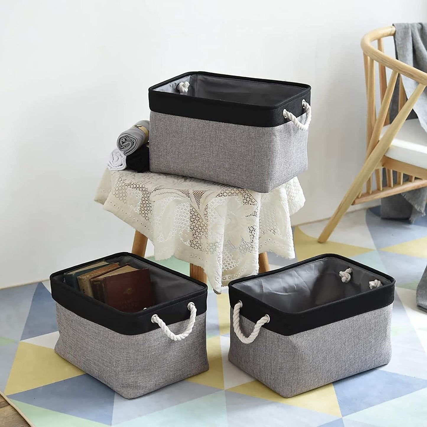 TheWarmHome Storage Basket - 16x12x8 Inch Fabric Organizer Bins for Shelves | Grey & Black