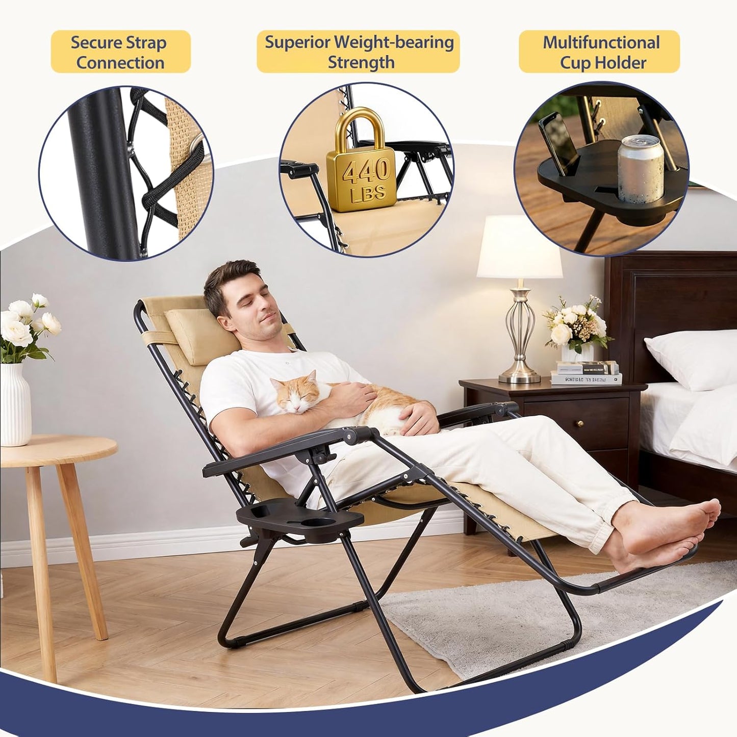 Sweetcrispy Zero Gravity Chairs - Set of 2 Portable Recliner Lounge Chairs with Cup Holders & Adjustable Pillows | Khaki