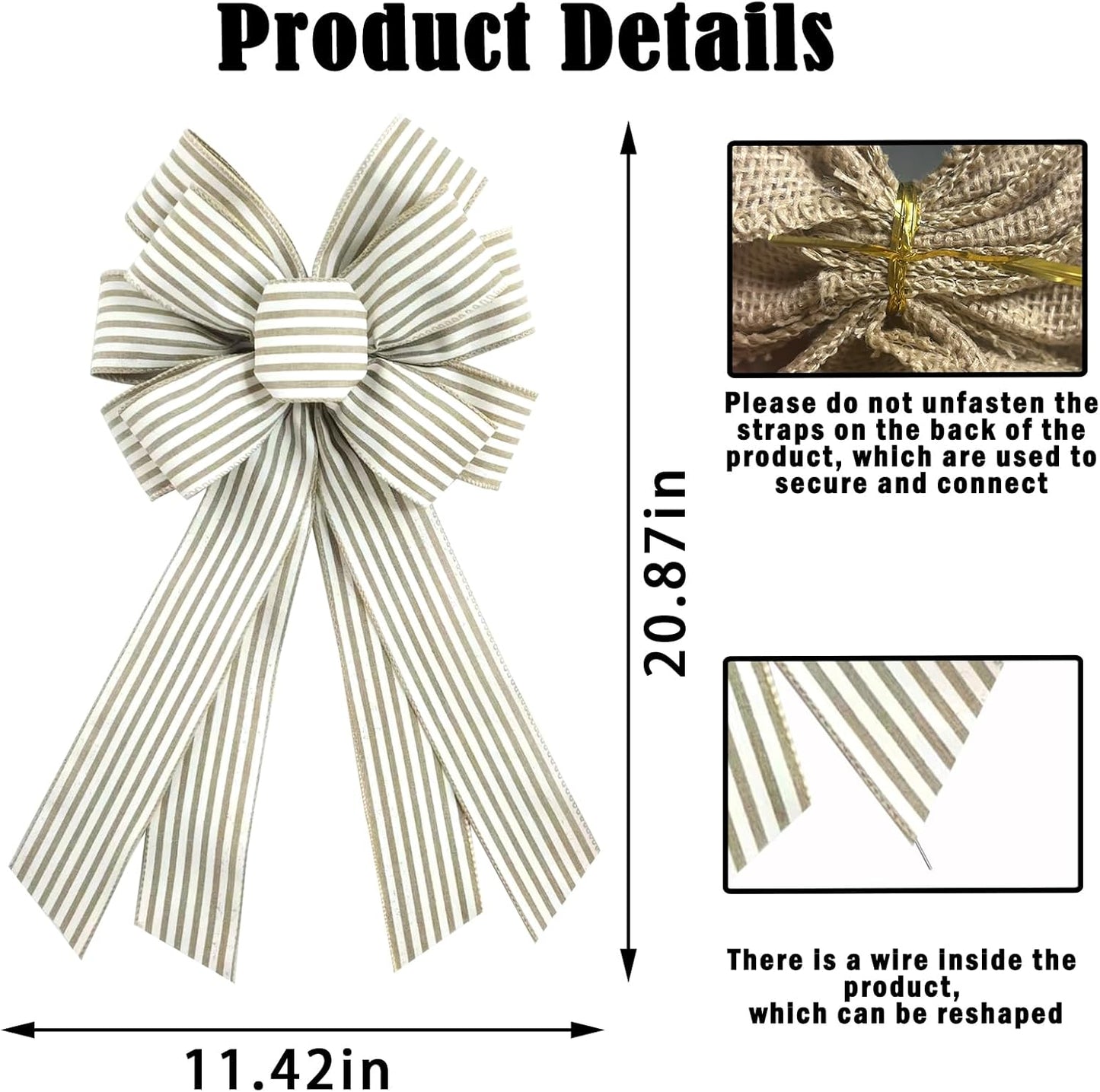 Natural Burlap Wreath Bow - 20 x 11 Inches | Light Khaki Stripes Ribbon for Easter & Home Decor