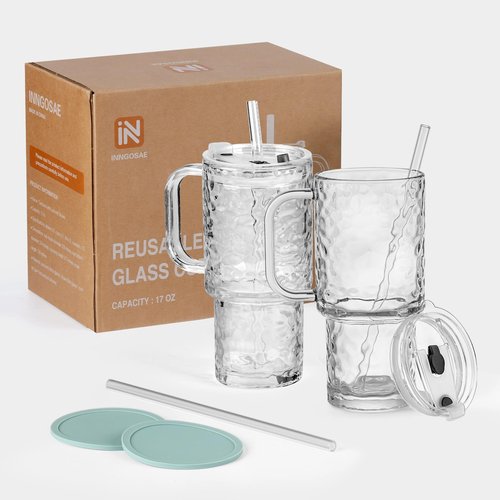 INNGOSAE 17oz Water Glass Tumbler with Handle & Lid, Reusable Iced Coffee Cups with Straws – Set of 2, Glass Cups Travel Mug for Beverages,Smoothies, Juice, Coffee, Tea