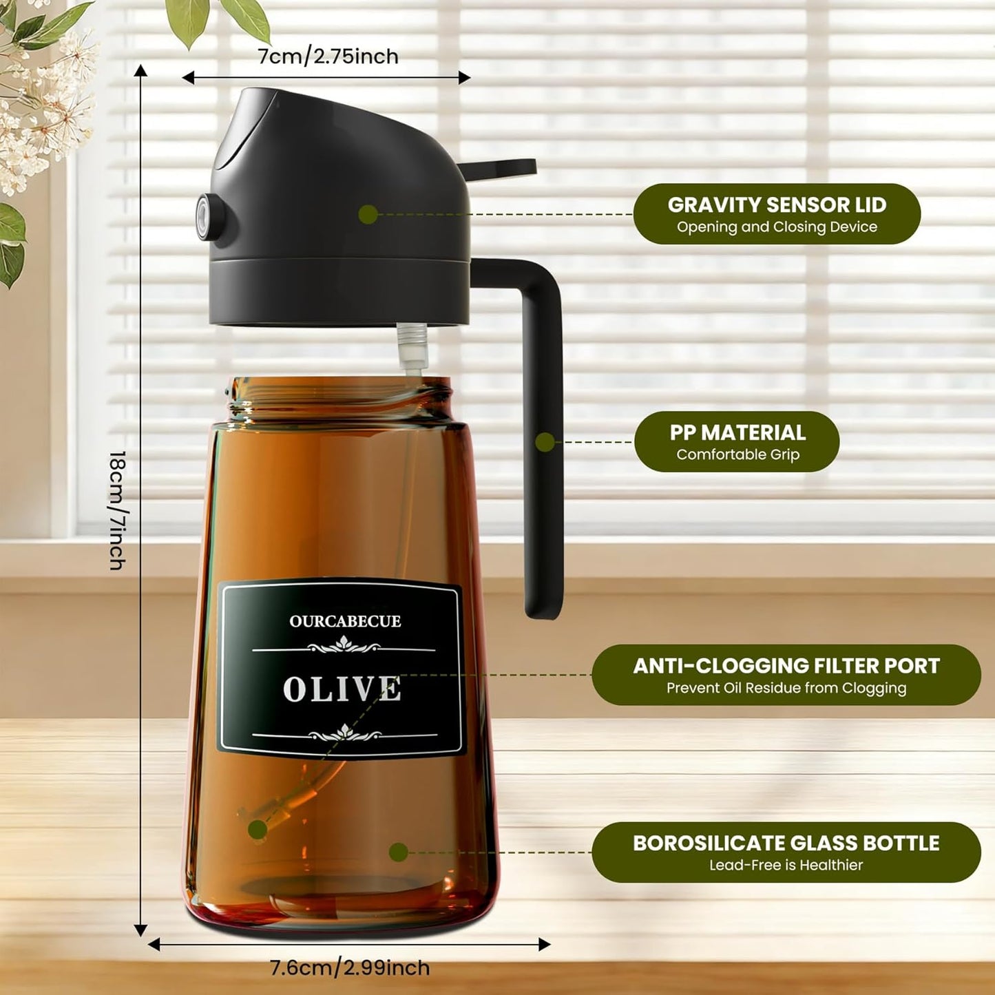 OURCABECUE Olive Oil Sprayer - 2 in 1 Cooking Dispenser Bottle, 16oz Food-Grade Glass with Stickers