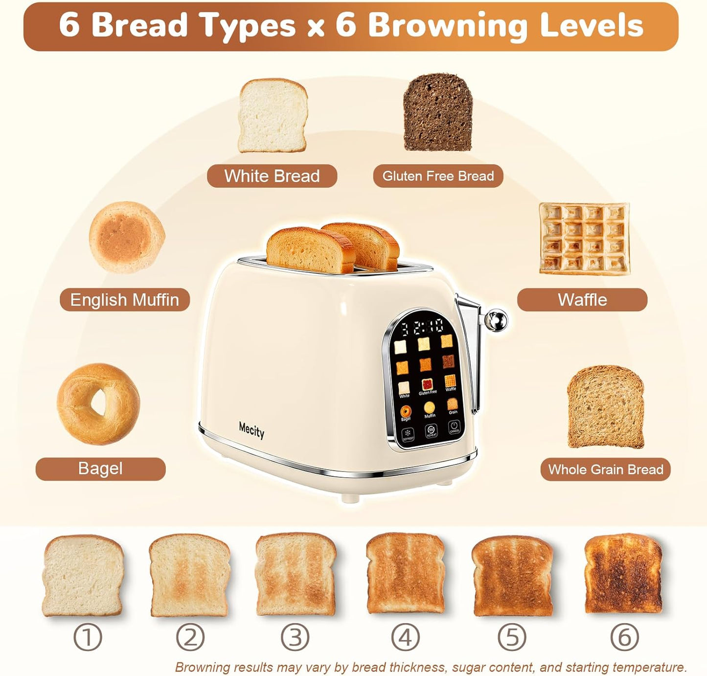 Mecity 2-Slice Toaster - Touch Screen Retro Design for Breads, Bagels & Muffins | Cream Color, 120V 825W