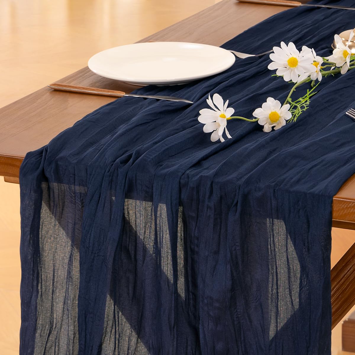 Socomi 3pcs Navy Blue Summer Cheesecloth Table Runner Boho Rustic Gauze 120 inch 10FT Cheese Cloth Sheer Runner for Wedding Party Baby Shower Birthday Home Decor Holiday Decorations