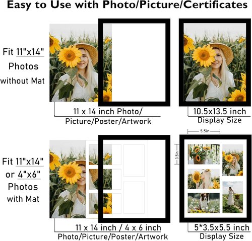 JCJMY 11x14 Picture Frame - Stylish 5-Opening Collage Frame for 4x6 Photos | Lightweight Black Design