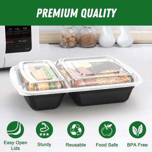 Dealusy 28 oz Meal Prep Containers - 50 Pack, Sturdy Leakproof & Reusable with Lids | 2-Compartment Design, Black
