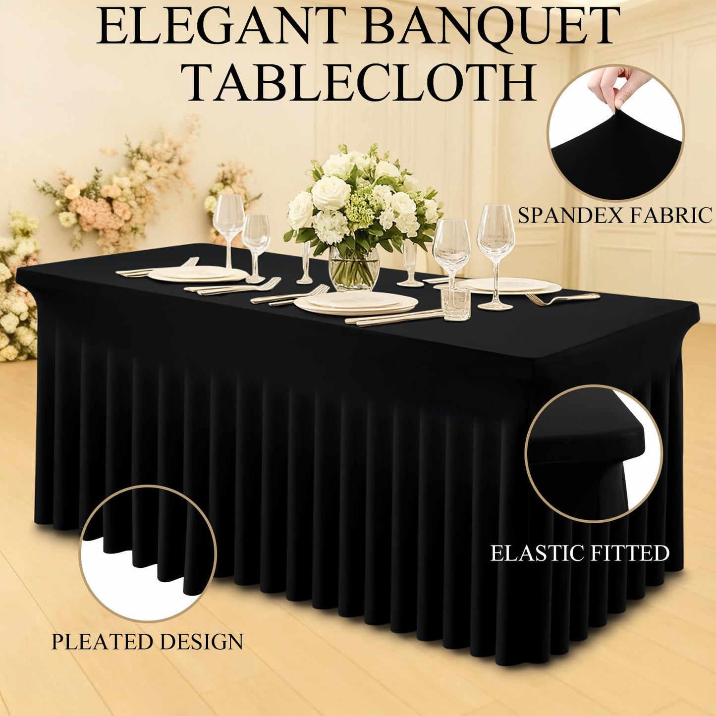 Moosfor Spandex Fitted 6FT Rectangle Tablecloth 2 Pack, Elastic Stretch Wrinkle Resistant Table Skirt, Washable Reusable Table Cover for Wedding, Banquet, Party, Events (Black, 72Lx30Wx30H Inch)