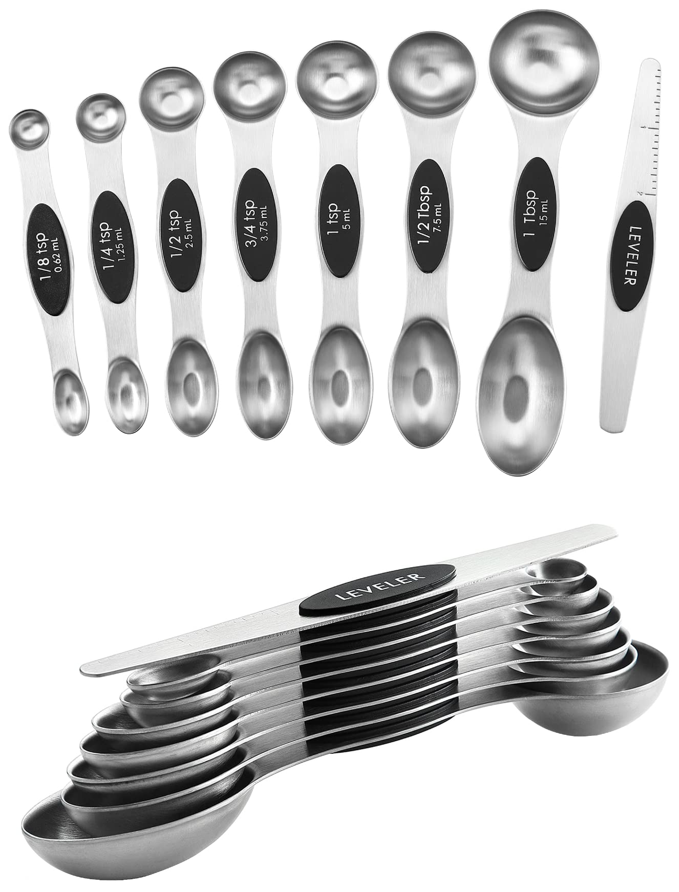 Spring Chef Magnetic Measuring Spoons Set, Dual Sided, Stainless Steel, Fits in Spice Jars, White, Set of 8, 2 Pack