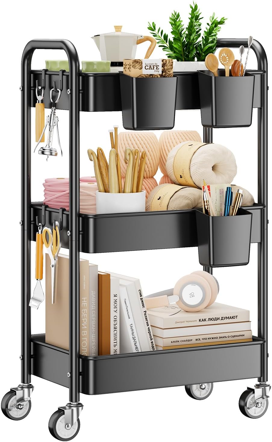 YASONIC 3-Tier Rolling Utility Cart - Heavy-Duty Metal Storage Organizer with Wheels & Hooks | Perfect for Kitchen & Office