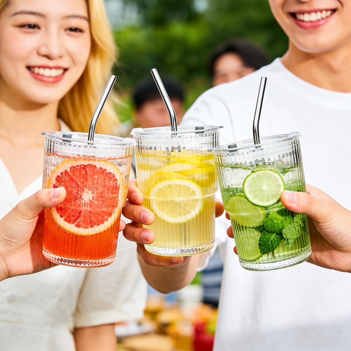 Woaiwo-q 6 Pack 13oz Ribbed Glass Tumbler with Lid and Straw, Iced Coffee Cup Set, Boba Aesthetic Drinking Mug, Coffee Glasses for Matcha Smoothie Juice Tea Latte Cappuccino Cocktail