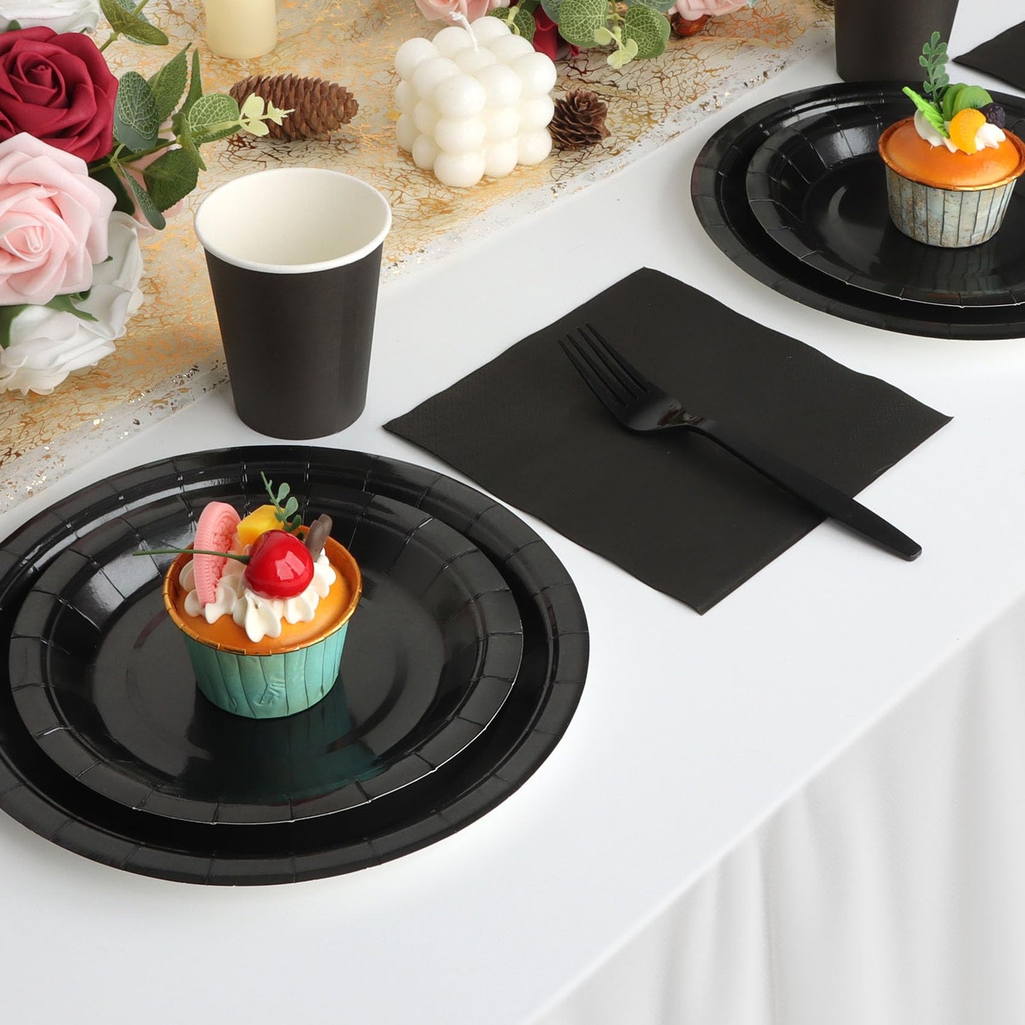 Black Paper Plates and Napkins, Disposable Black Party Plate Include 7&9INCH Plates Cups Napkins Forks Party Supplies for Father‘s Day, Graduations, Retirement, Birthday, Halloween for 25 Guests