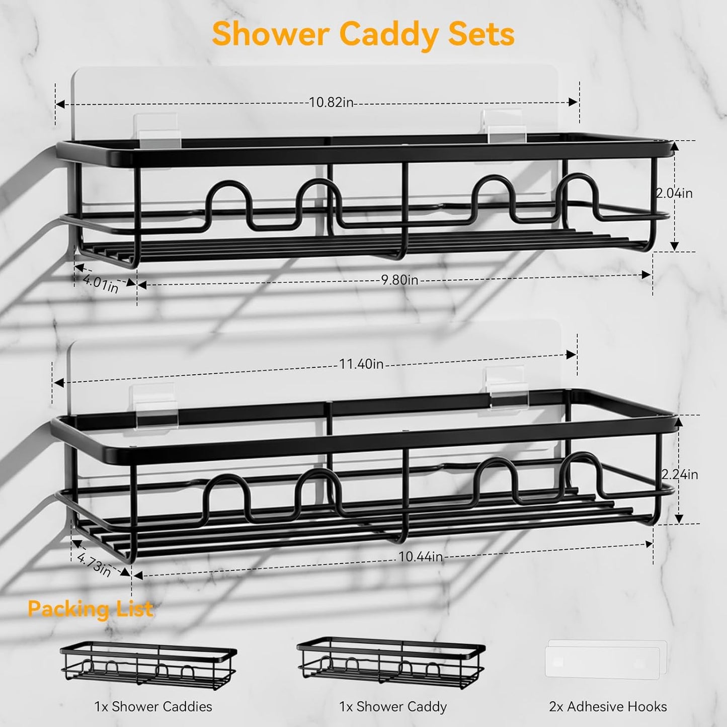 Skiennix Adhesive Shower Caddy - Large Capacity No Drill Bathroom Organizer | 2 Pack Black Shelves