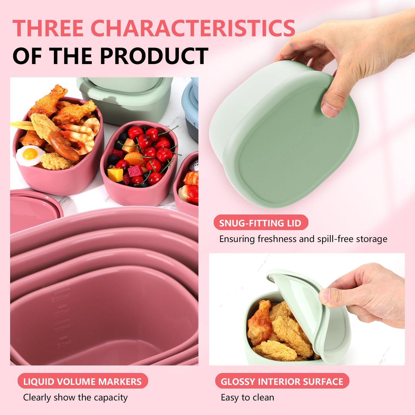 AOEDEO 4Pcs Silicone Food Storage Containers with Lids，BPA Free Reusable Silicone Storage Containers for Food Freezer Containers Freezer Dishwasher Safe (33.8oz, 20oz, 10oz, 6.7oz) (pink)