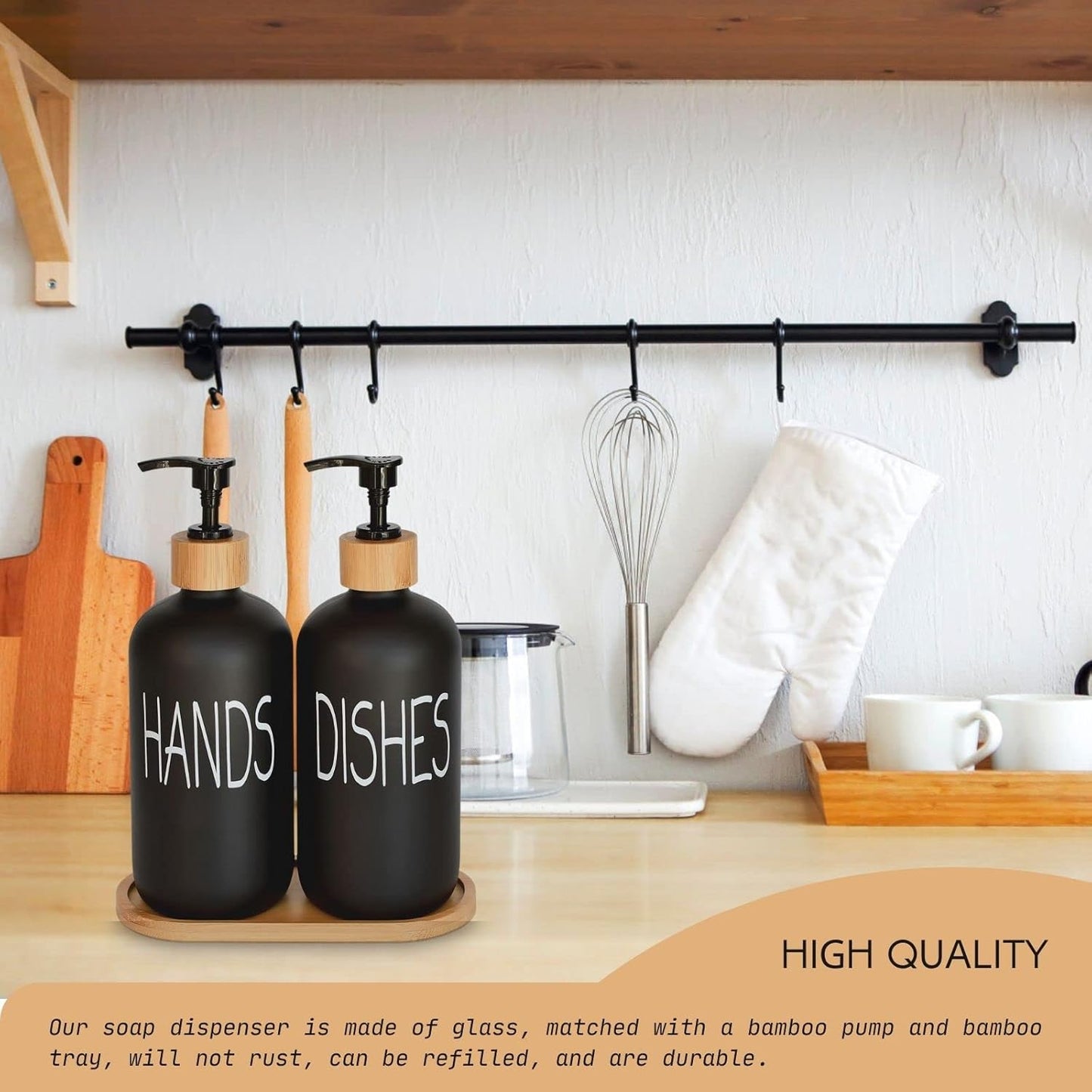 Skiennix Glass Soap Dispenser Set - Vintage Pump with Bamboo Tray for Kitchen & Bathroom | Matte Black