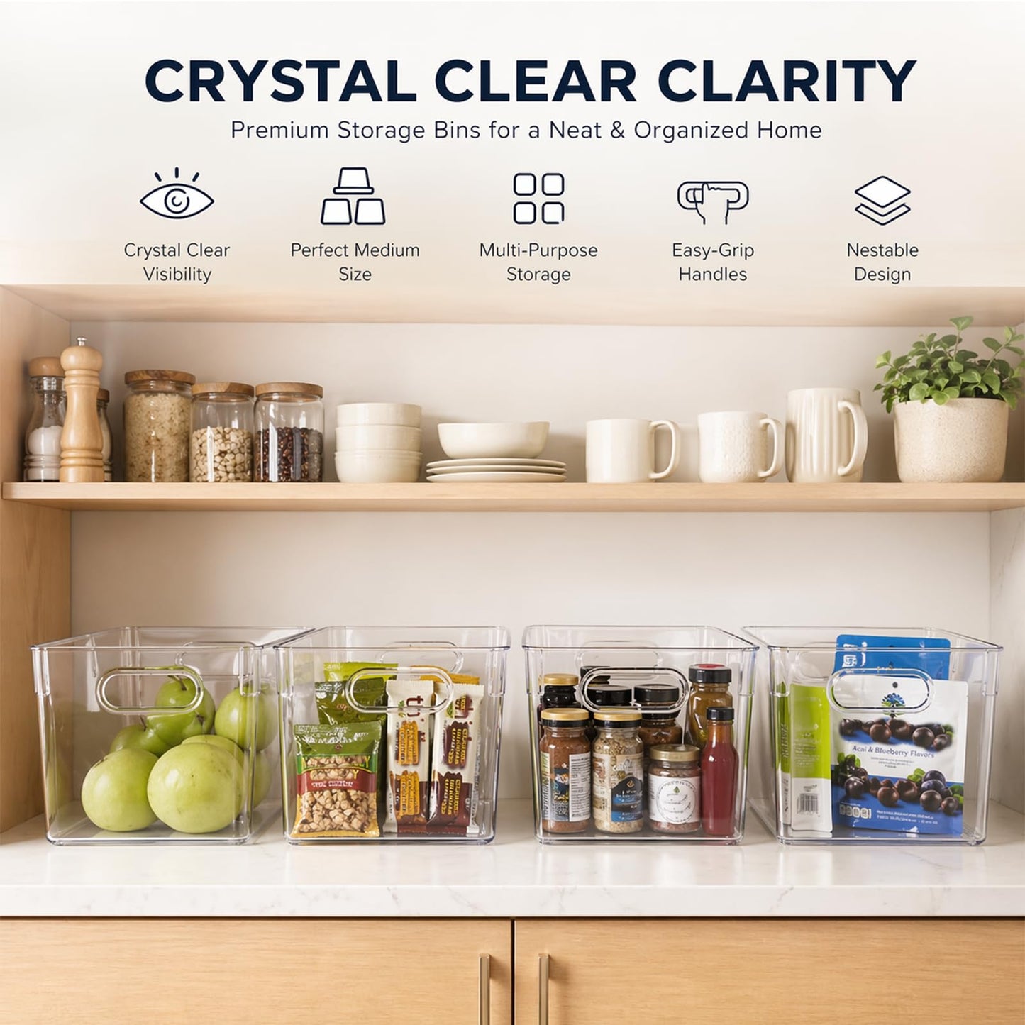 MOONEDGE Open Clear Plastic Storage Bins Stackable Organizer Containers with Handles for Kitchen, Pantry, Fridge, Cabinet, Closet Storage & Home Organization 6 Pack（11 x 8 x 6 in）