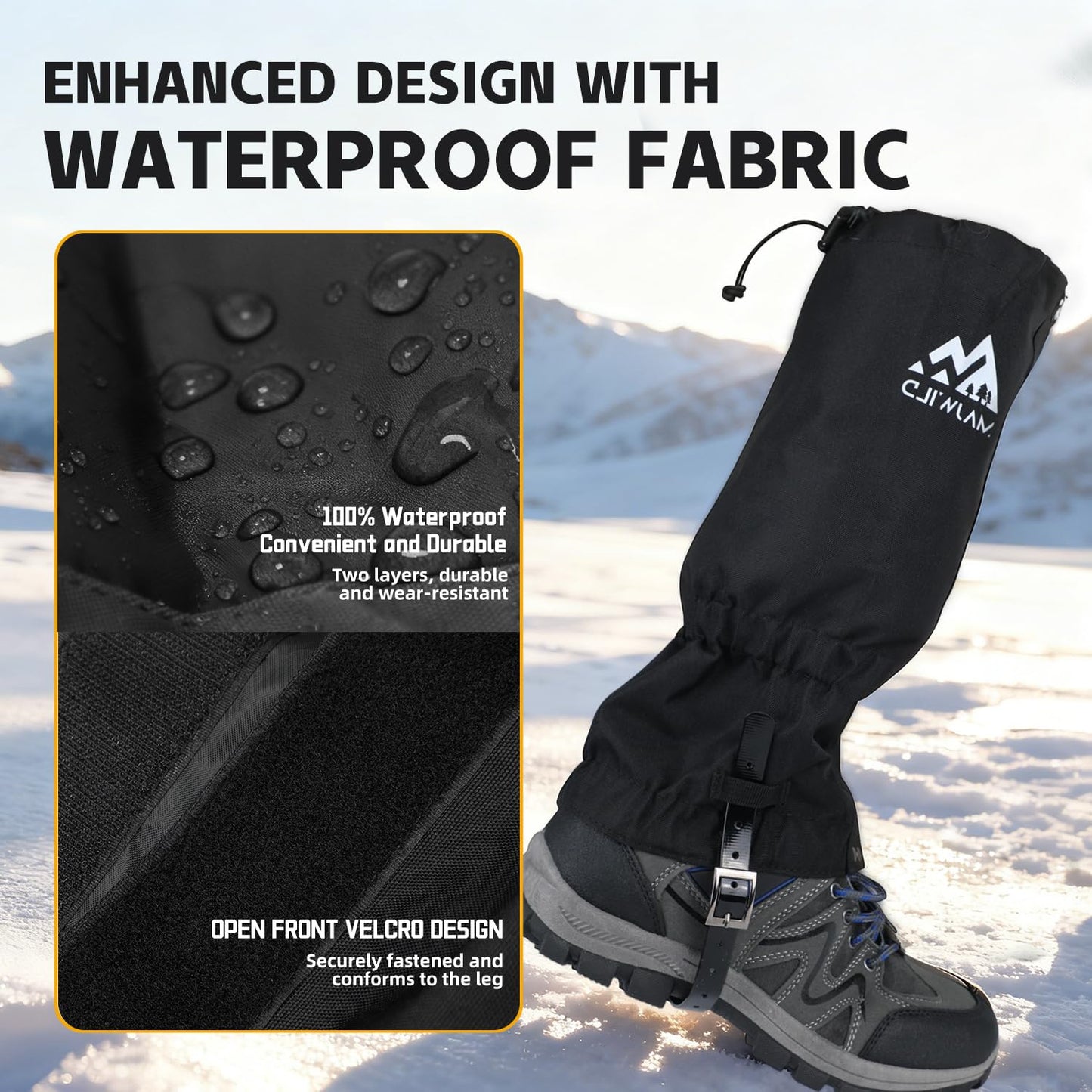 MAJWILD Adjustable Leg Gaiters, Waterproof Snow Boot Gaiters for Men Women with Hiking, Walking, Hunting, Snowshoeing, Climbing (Black, Large)