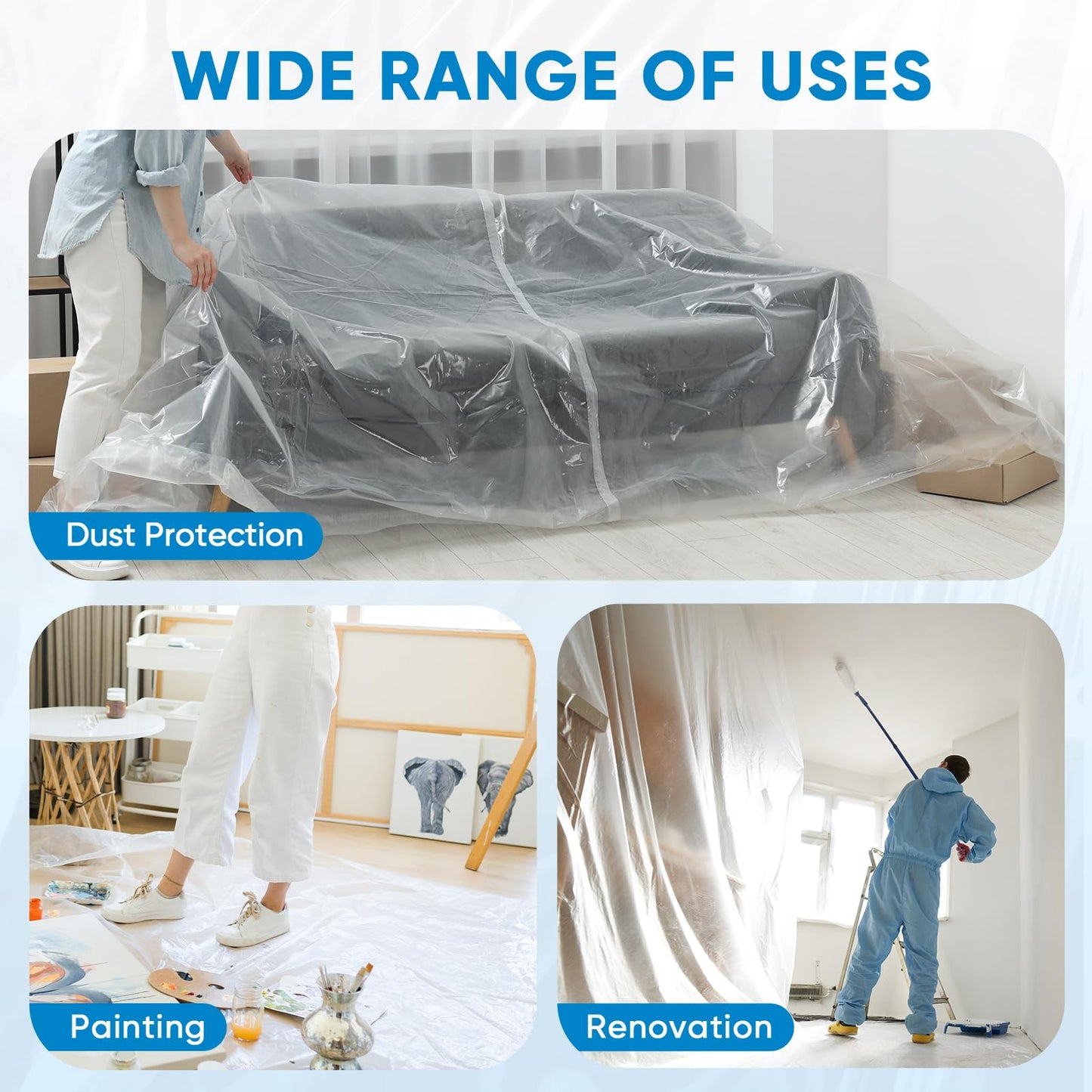 TICONN 12 x 9 Ft Plastic Drop Cloth for Painting, Waterproof Painters Plastic Sheeting, Painting Tarp for Furniture Cover, Floor Protection (6PK, 1.2Mil)