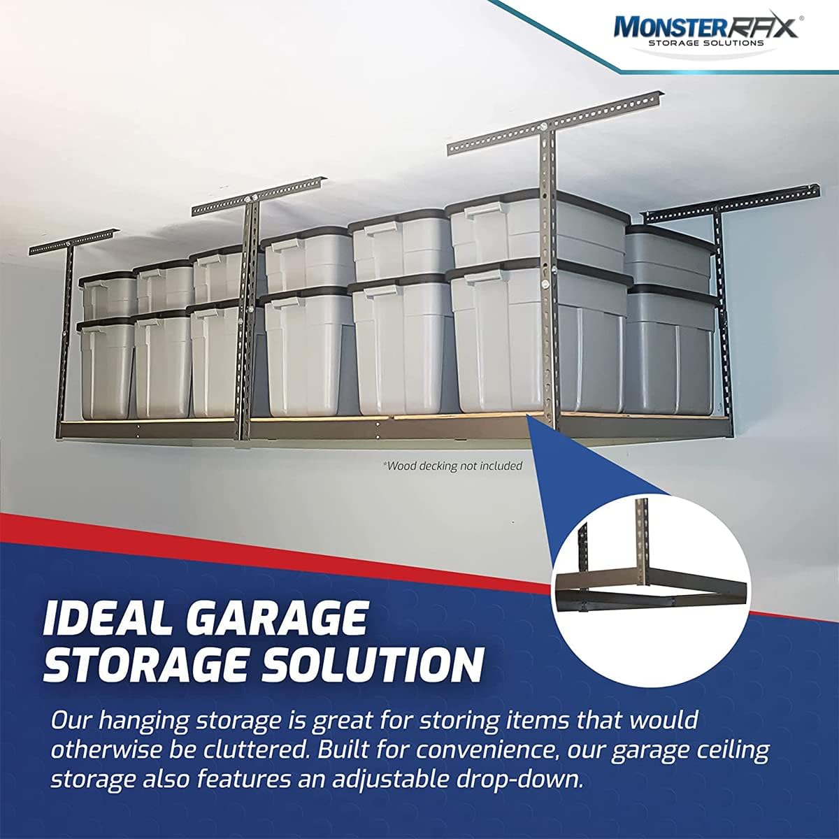 MonsterRax 4x8 Overhead Garage Storage Rack - Adjustable Ceiling Shelving System (Hammertone, 18"-33")