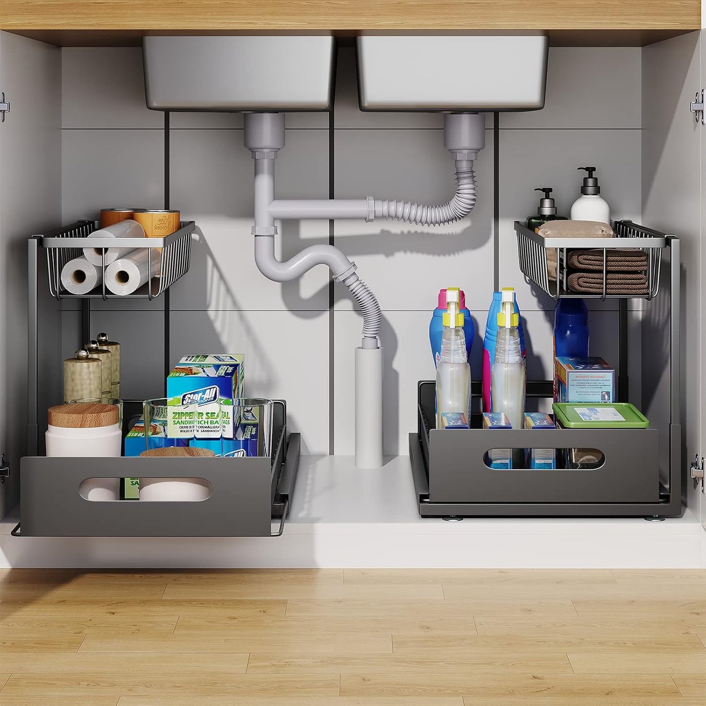 Under Sink Organizer - Skiennix 2-Tier Pull-Out Cabinet Storage Shelf | Rust-Resistant Metal, Easy No-Tools Installation, Black