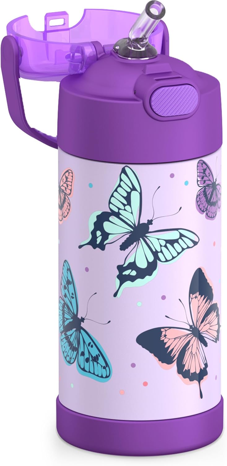 THERMOS FUNTAINER Water Bottle - 12 Ounce Stainless Steel Insulated Kids Bottle with Straw | Butterfly Frenzy Design