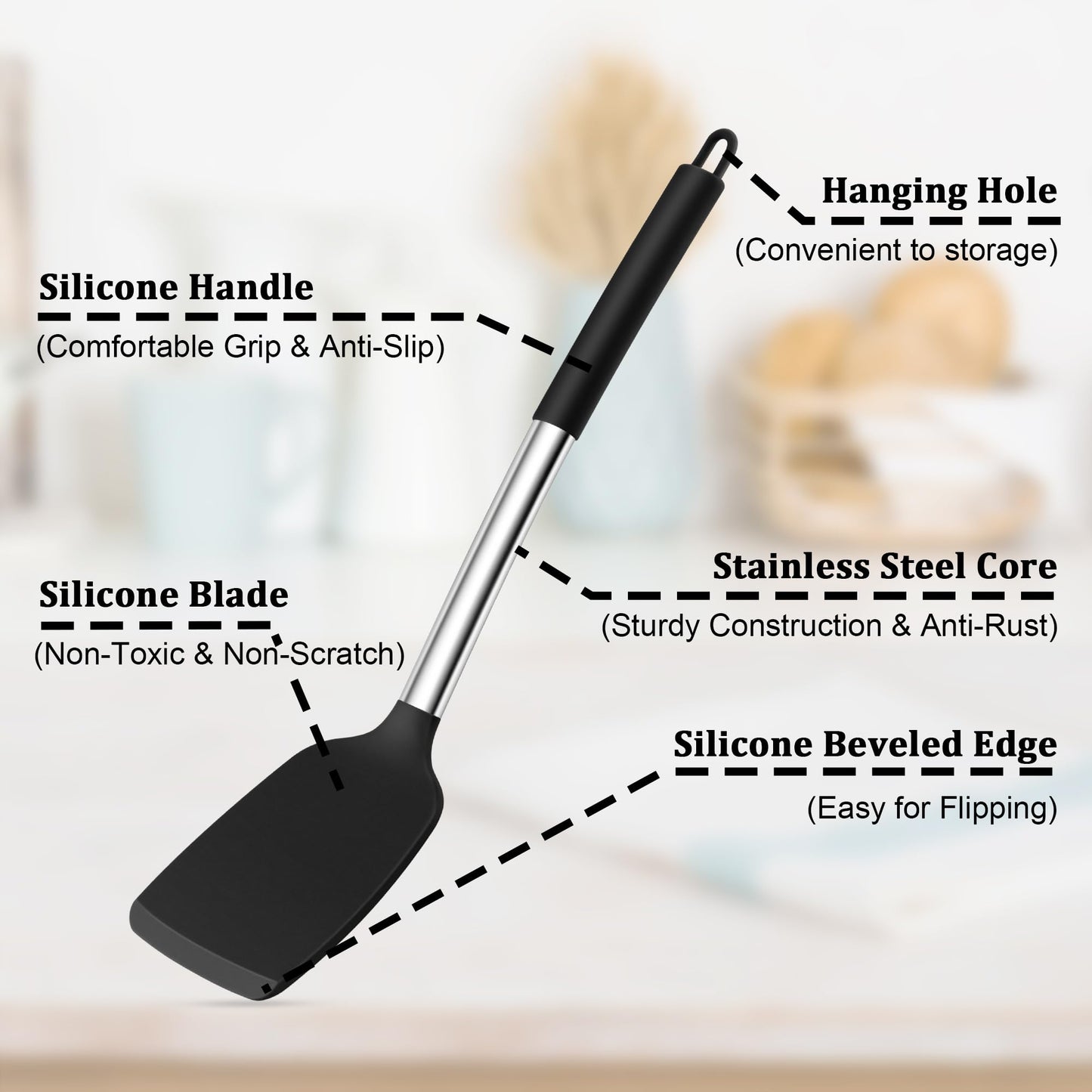 TeamFar Cooking Utensils Set, 5 PCS Silicone Kitchen Utensils with Stainless Steel Handle, for Nonstick Cookware Flipping Frying Turning Draining, Heatproof & Healthy, Nonstick & Easy Clean, Black