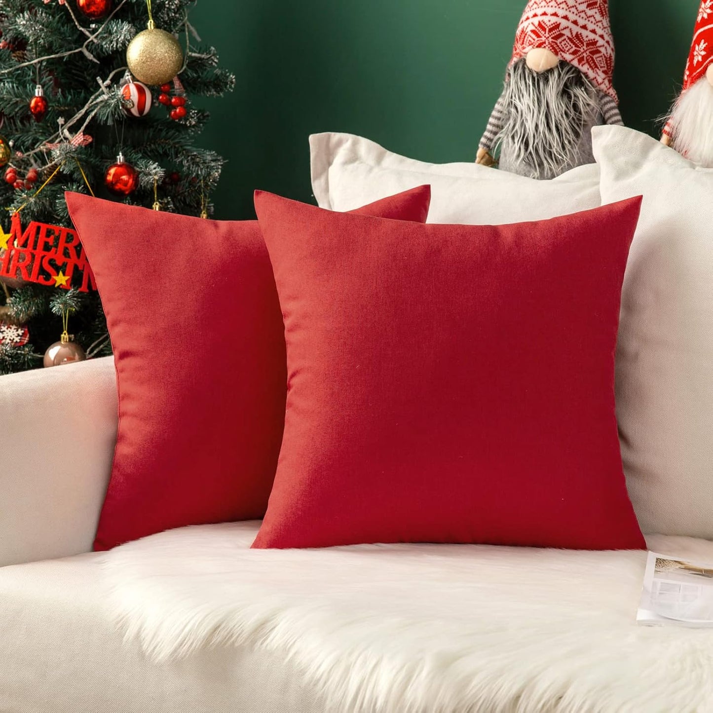 MIULEE Decorative Outdoor Throw Pillow Covers - Waterproof Faux Linen Cushion Cases | 12x12 Inch Red, Set of 2